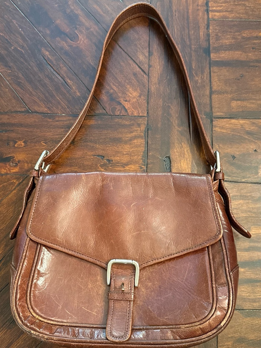 Women's Brown Leather Shoulder Bag with Buckle Detail